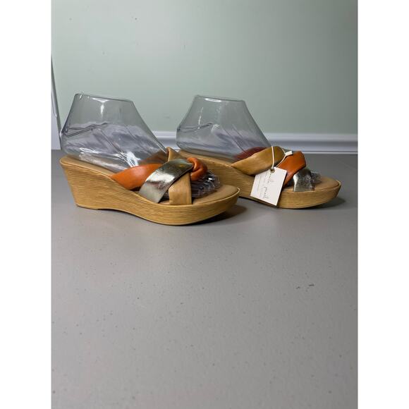 Mila Paoli Wedge Heel Sandal Slide Open Toe Genuine Leather Brown Tan Orange 6.5 - Picture 4 of 10